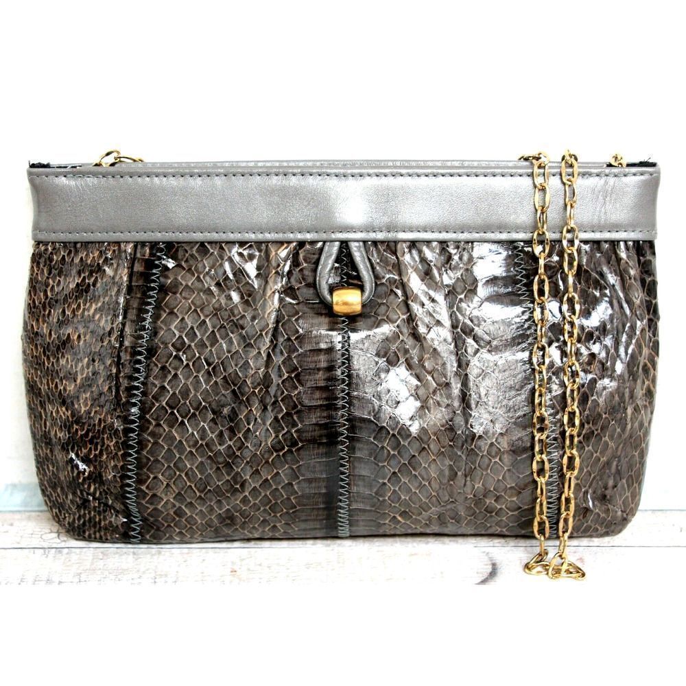 VTG MARGOLIN OLIVE GRAY SNAKE GENUINE LEATHER CHAIN CLUTCH ENVELOPE SHOULDER BAG